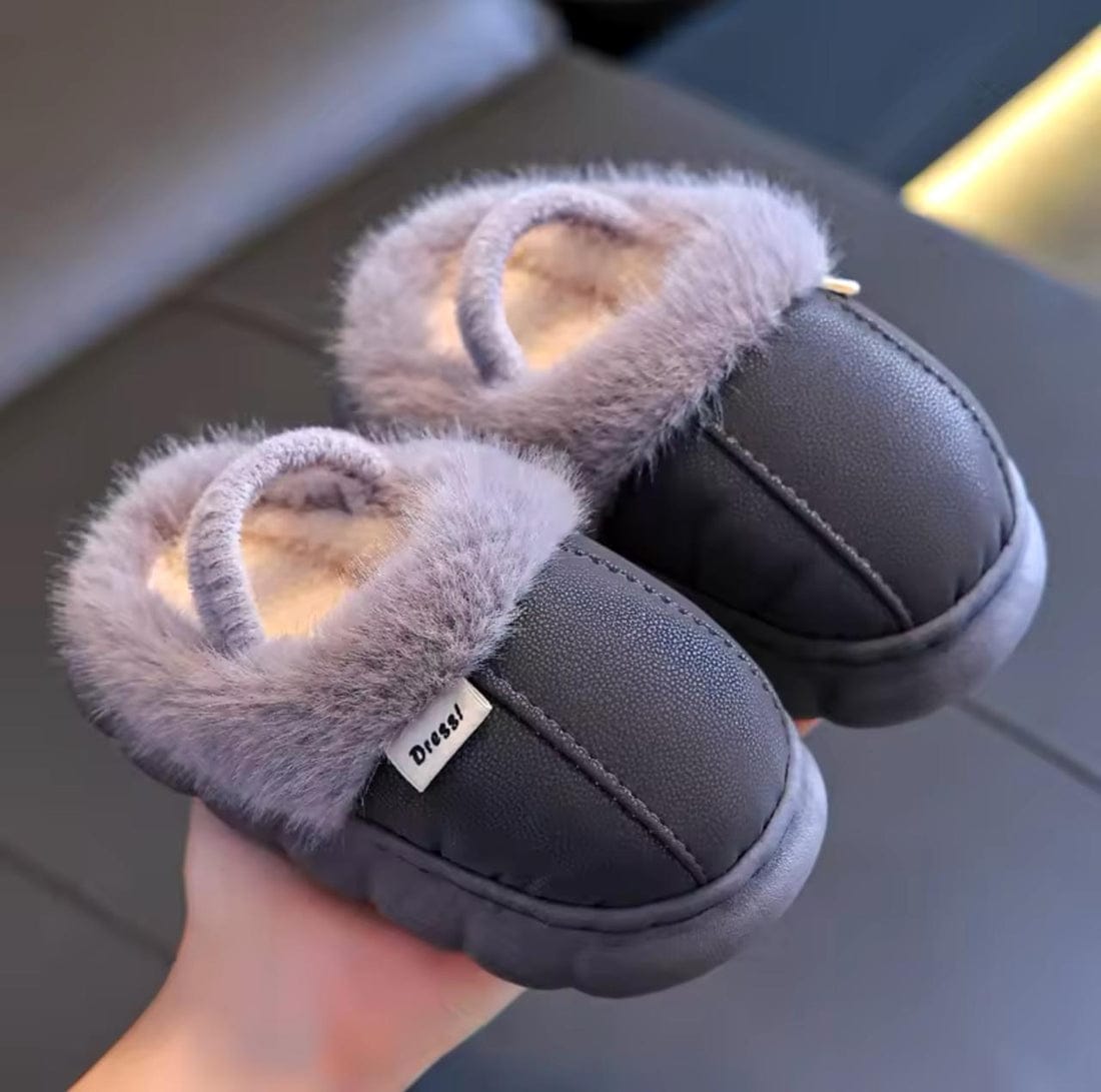 Kids Winter Fur Slippers – Warm Indoor Shoes for Kids Boys & Girls (Grey, Black & Pink)