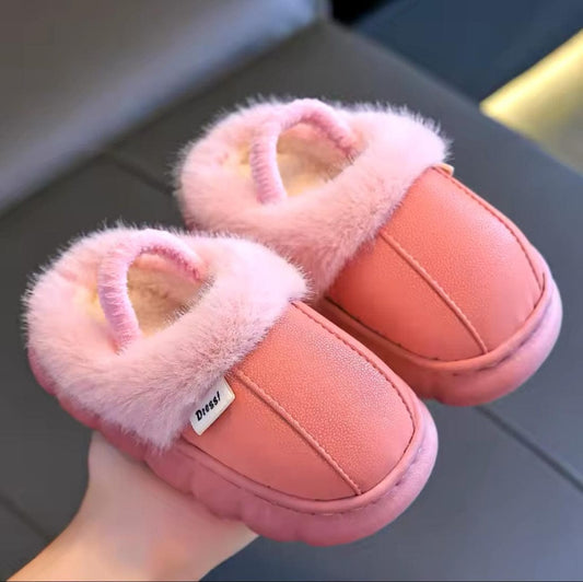 Kids Winter Fur Slippers – Warm Indoor Shoes for Kids Boys & Girls (Grey, Black & Pink)