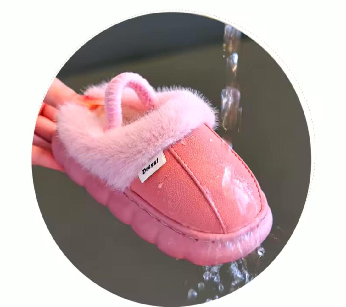 Kids Winter Fur Slippers – Warm Indoor Shoes for Kids Boys & Girls (Grey, Black & Pink)