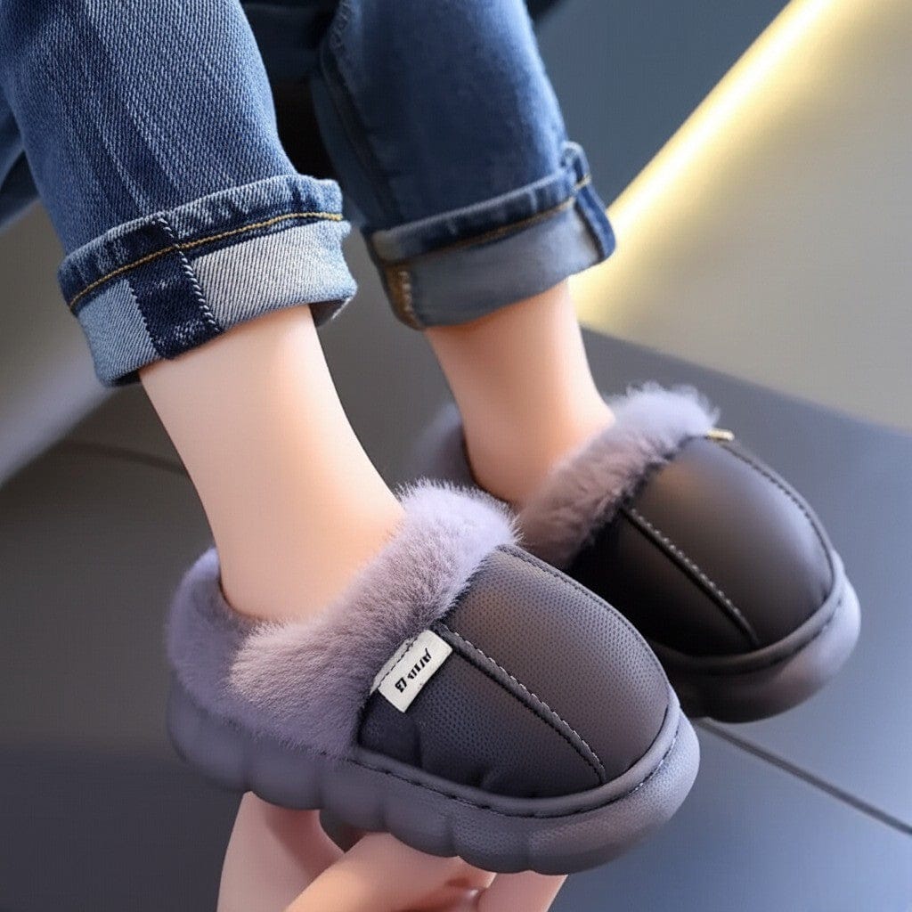 Kids Winter Fur Slippers – Warm Indoor Shoes for Kids Boys & Girls (Grey, Black & Pink)