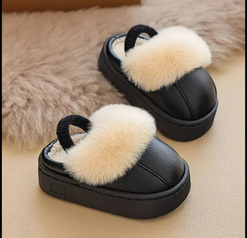 Kids Winter Fur Slippers – Warm Indoor Shoes for Kids Boys & Girls (Grey, Black & Pink)
